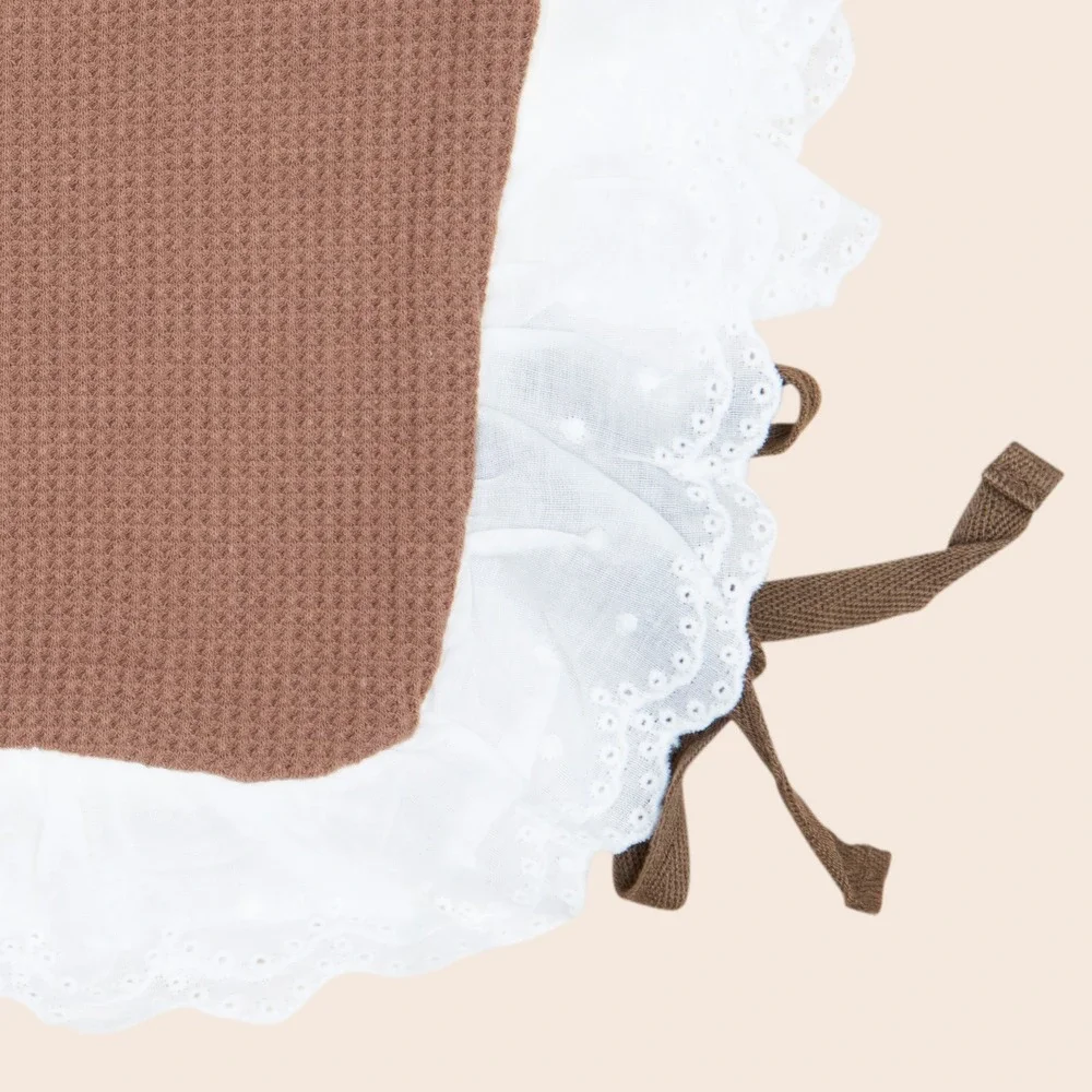 Brown Waffle Knit Baby Bib White Eyelet Lace Ruffle Side Tie Vintage Style